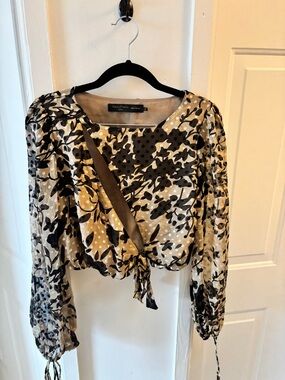 House of Harlow 1960 x REVOLVE Beige and Black Floral Tie-Front Blouse